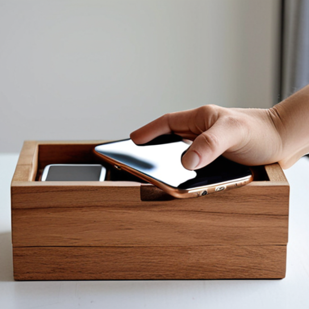 **Prompt:** A serene and minimalist shot of a hand gently placing a smartphone into a wooden 'digital detox' box or a small, elegant basket. The background is softly blurred, possibly showing a tranquil living space or a desk. The emphasis is on conscious disconnection and taking control of screen time, conveying a sense of peace and deliberate action.
