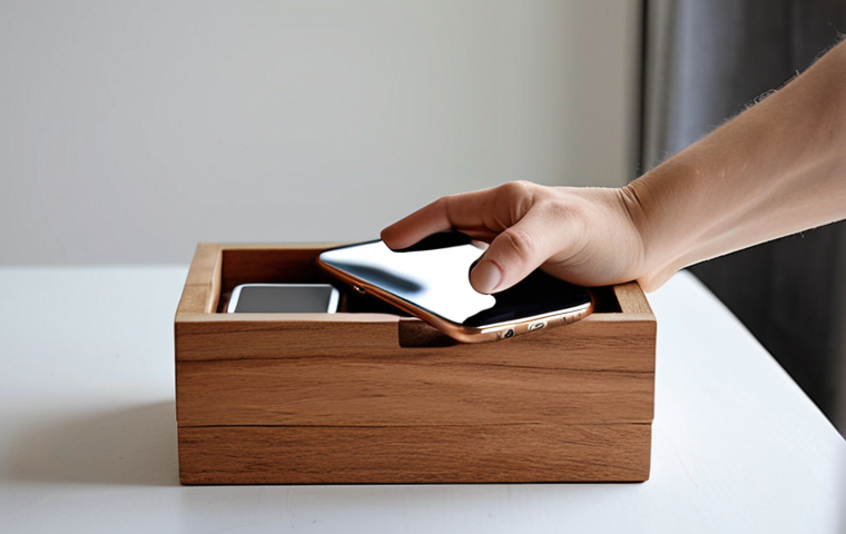 **Prompt:** A serene and minimalist shot of a hand gently placing a smartphone into a wooden 'digital detox' box or a small, elegant basket. The background is softly blurred, possibly showing a tranquil living space or a desk. The emphasis is on conscious disconnection and taking control of screen time, conveying a sense of peace and deliberate action.