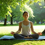 **A serene individual meditating outdoors in a lush green park, sunlight filtering through the trees, promoting mental peace and solitude.** (Focuses on finding peace in a busy life)