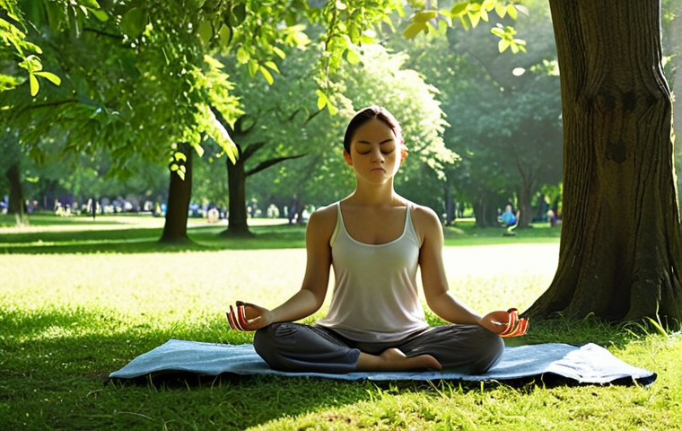 **A serene individual meditating outdoors in a lush green park, sunlight filtering through the trees, promoting mental peace and solitude.** (Focuses on finding peace in a busy life)