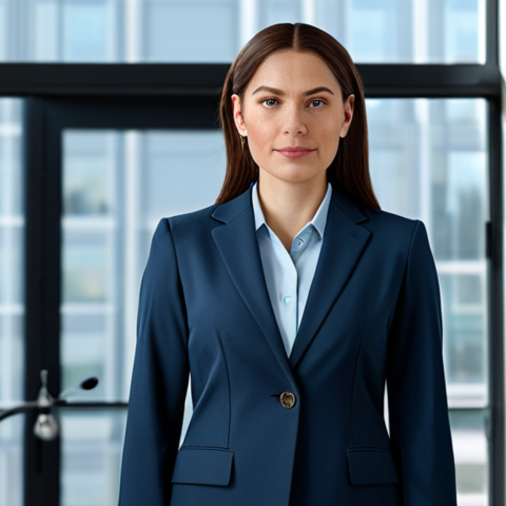 **
A professional woman in a modest business suit, standing confidently in a modern office setting, fully clothed, appropriate attire, safe for work, perfect anatomy, natural proportions, professional photography, high quality.
**