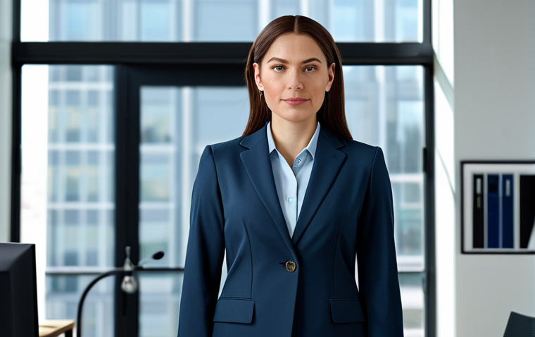 **
A professional woman in a modest business suit, standing confidently in a modern office setting, fully clothed, appropriate attire, safe for work, perfect anatomy, natural proportions, professional photography, high quality.
**