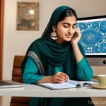 Home 19 효율적인 정보 정리 습관 기르기 - **From Digital Clutter to Clarity**
A young Pakistani woman, in her early twenties, is seated at...