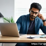 Home 17 정보 다이어트법에서의 집중력 향상 기법 - A serene home office scene featuring a South Asian man in his early 30s taking a short digital break...