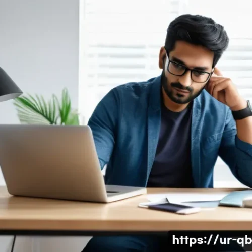 Home 29 정보 다이어트법에서의 집중력 향상 기법 - A serene home office scene featuring a South Asian man in his early 30s taking a short digital break...