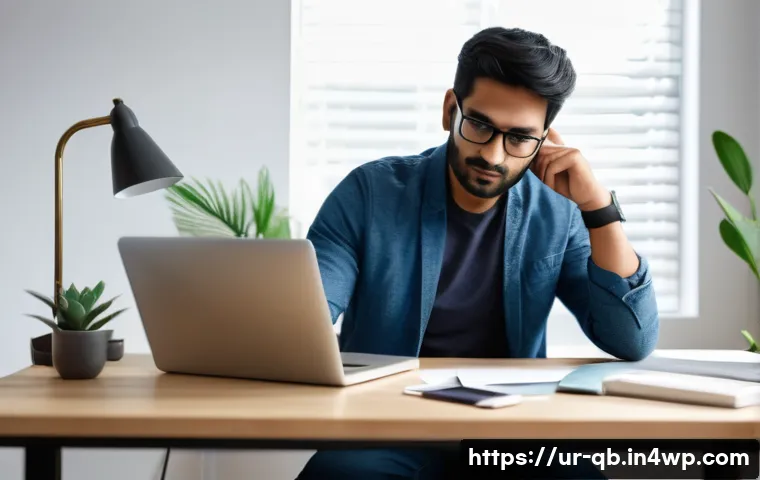 정보 다이어트법에서의 집중력 향상 기법 - A serene home office scene featuring a South Asian man in his early 30s taking a short digital break...