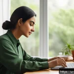 Home 16 디지털 Detox와 정보 다이어트법 - A serene home office scene in a well-lit room with large windows showing a lush green garden outside...
