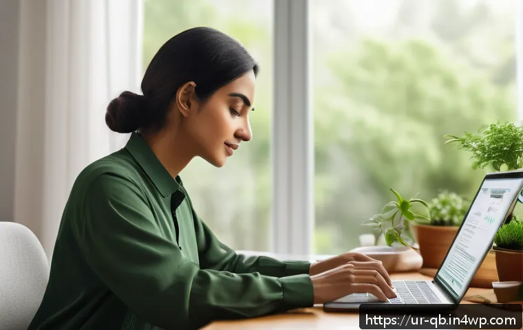 디지털 Detox와 정보 다이어트법 - A serene home office scene in a well-lit room with large windows showing a lush green garden outside...