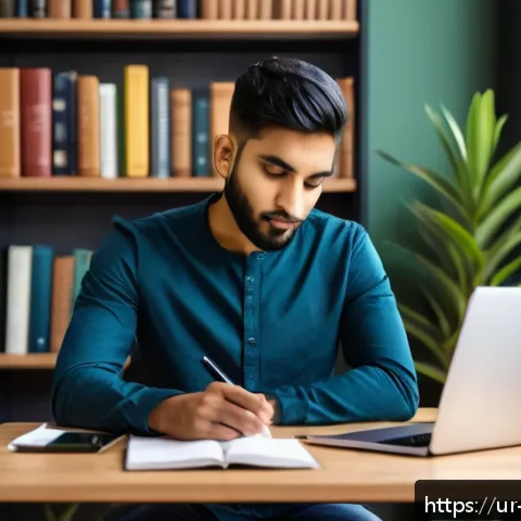 정보 다이어트법을 위한 동기 부여 - A serene modern home office scene featuring a young South Asian man in modest casual attire, sitting...