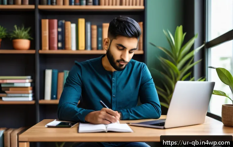 정보 다이어트법을 위한 동기 부여 - A serene modern home office scene featuring a young South Asian man in modest casual attire, sitting...