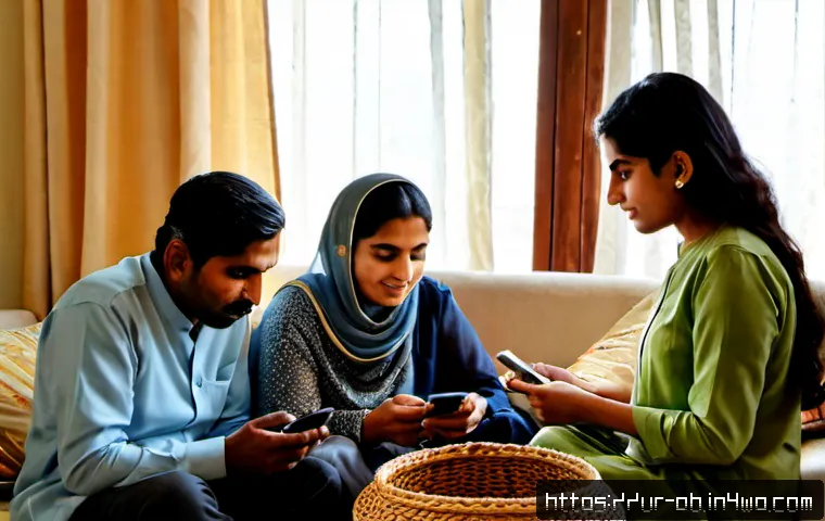 Home 17 정보 다이어트법의 사회적 영향 - Photorealistic Pakistani family in a bright Lahore living room practicing a healthy information diet...